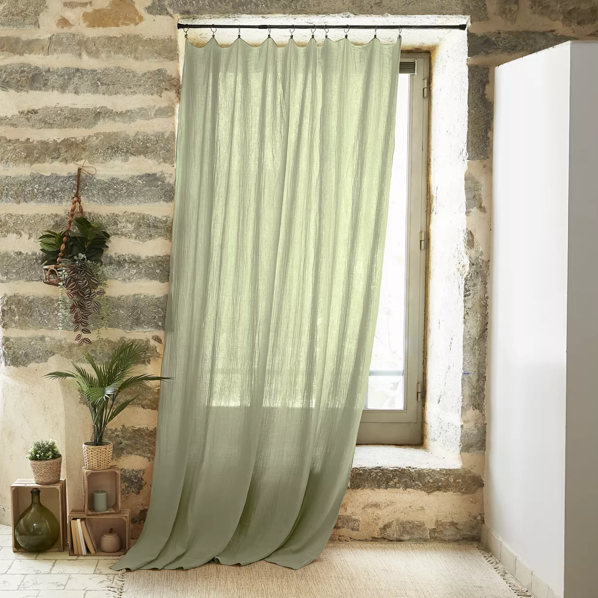 Cortina en gasa de algodón ajustable (140 x max 300 cm) Gaïa Verde tilo