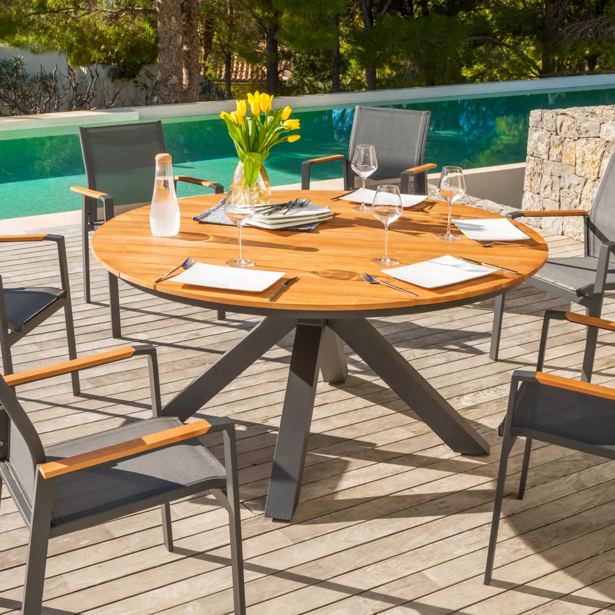 Tuintafel 8 persoons Aluminium/teak hout Bali (D140 cm) - Antraciet 1