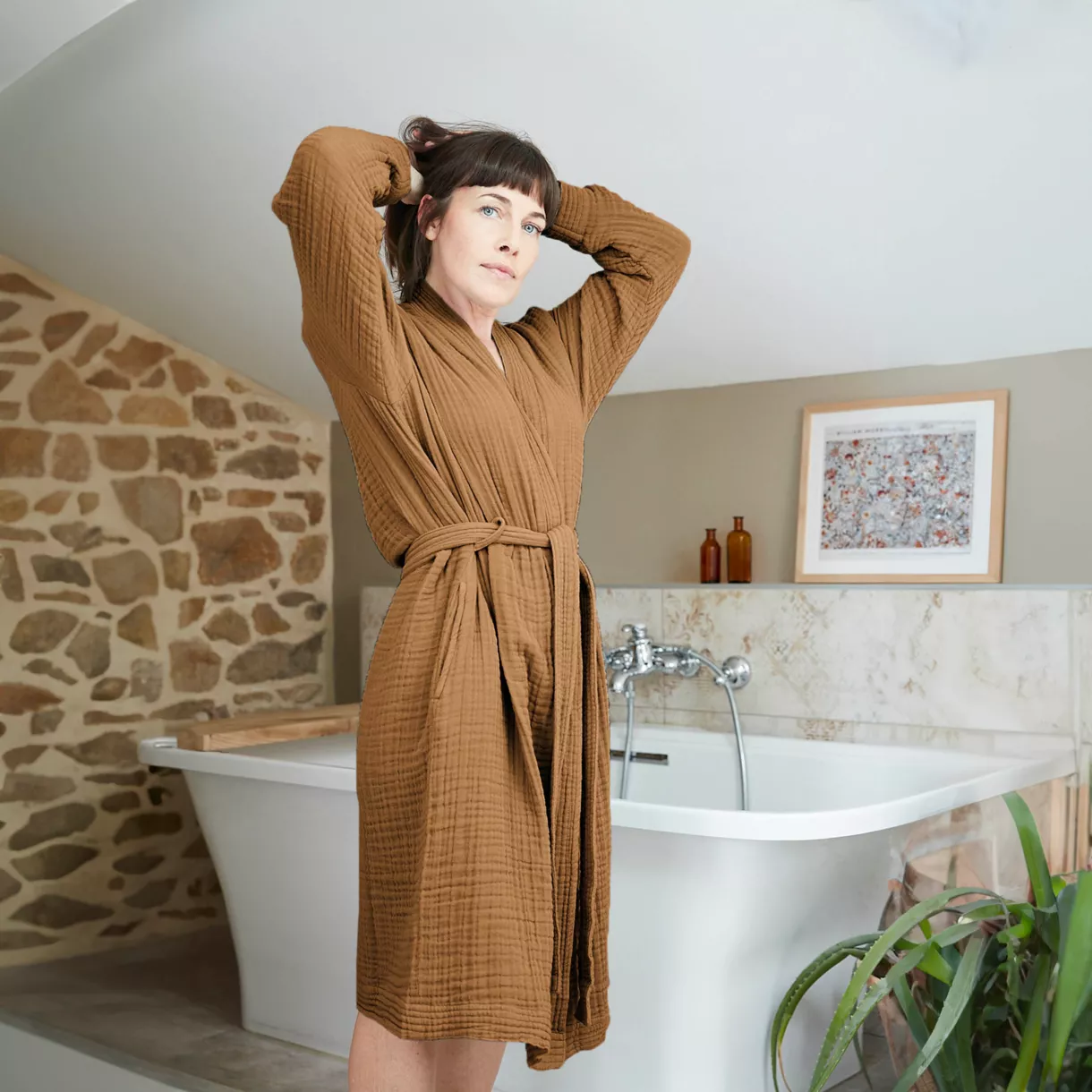 Bademantel aus Baumwoll-Gaze S/M Gaïa Camel