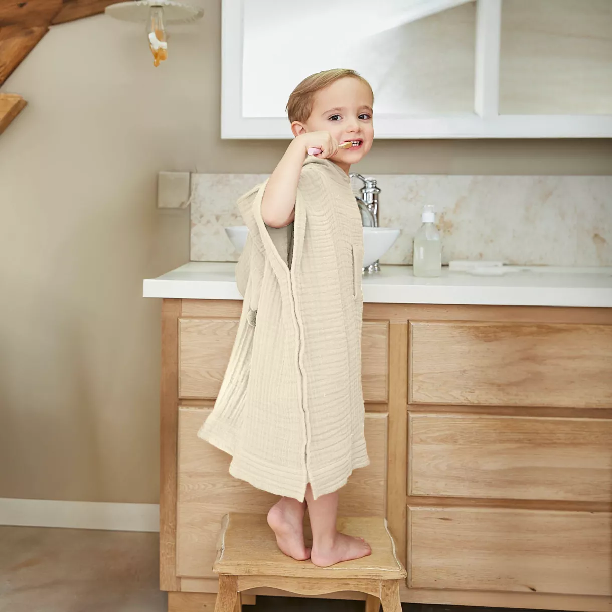 Poncho de bain enfant gaze de coton 6/10 ans Gaïa Beige pampa