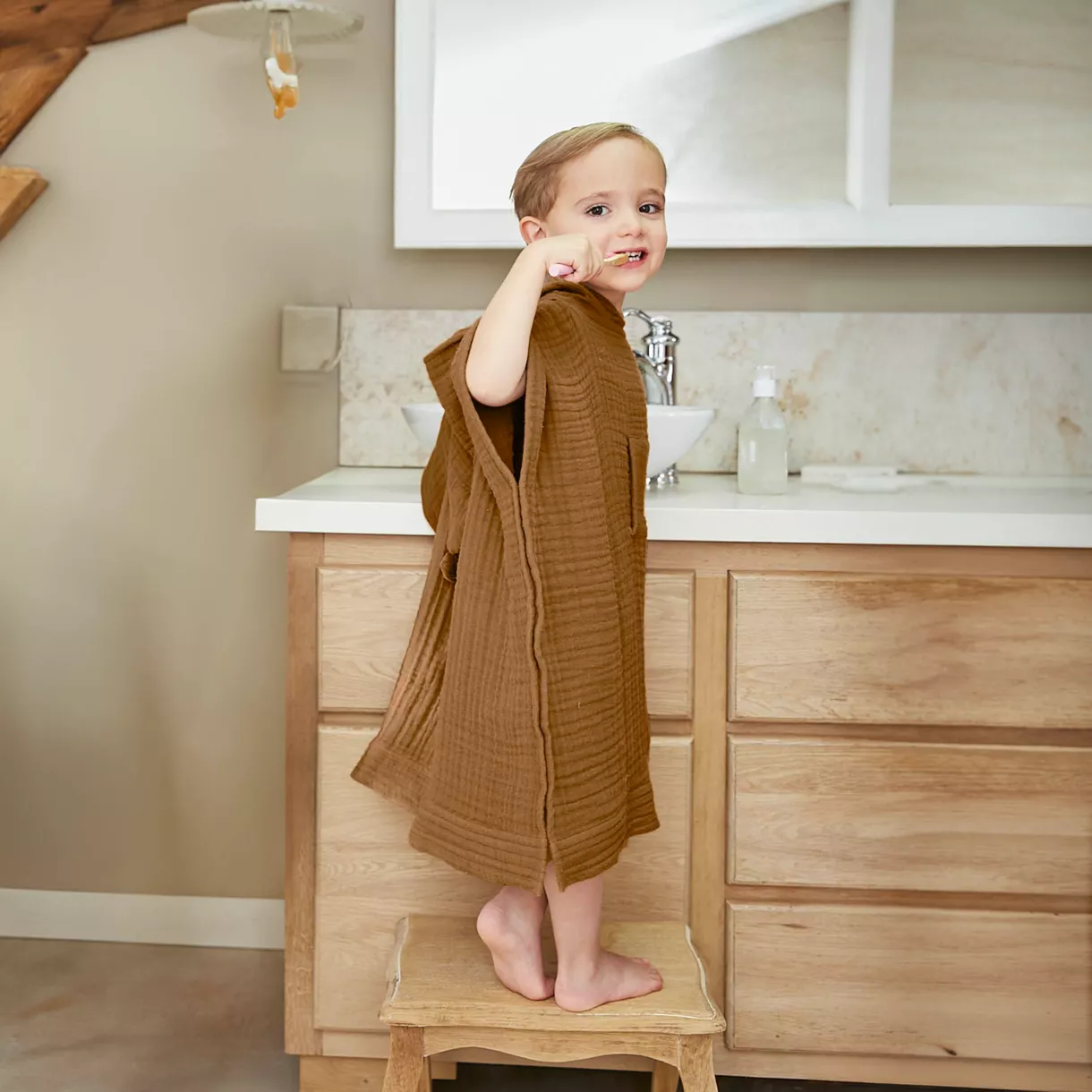 Poncho de bain enfant gaze de coton 2/5 ans Gaïa Camel