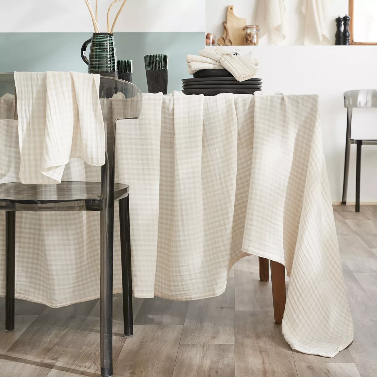 Mantel rectangular en gasa de algodón (150 x 350 cm) Vickie Beige