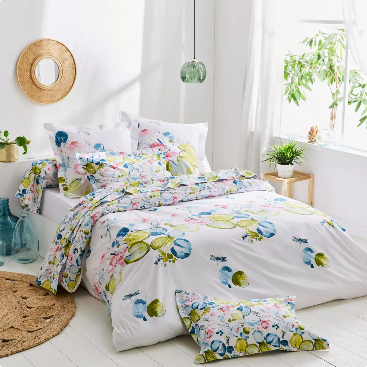Funda nórdica en percal de algodón (260 x 240 cm) Nénuphar Aguamarina Multicolor