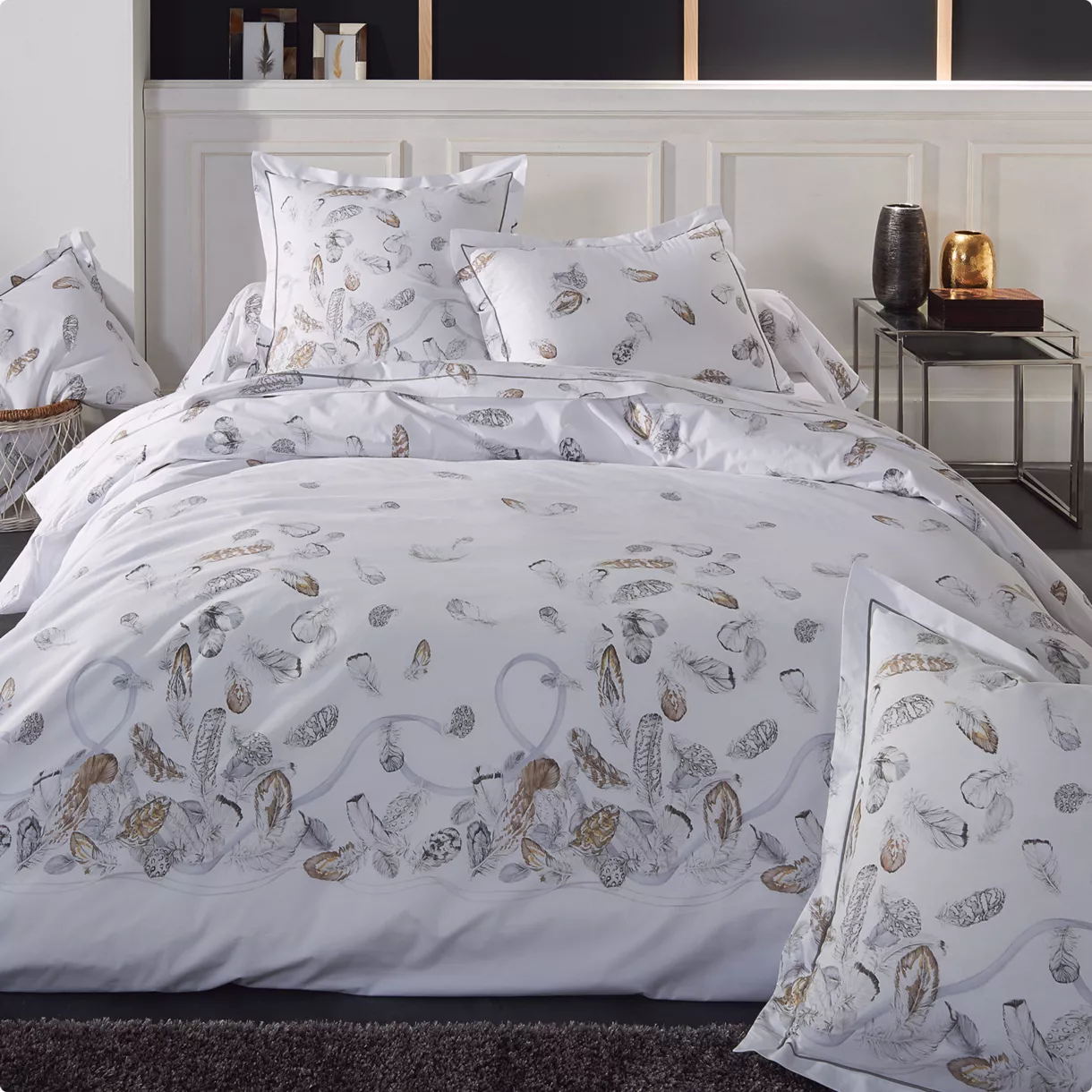 Housse de couette percale de coton (280 x 240 cm) Plumes Beige