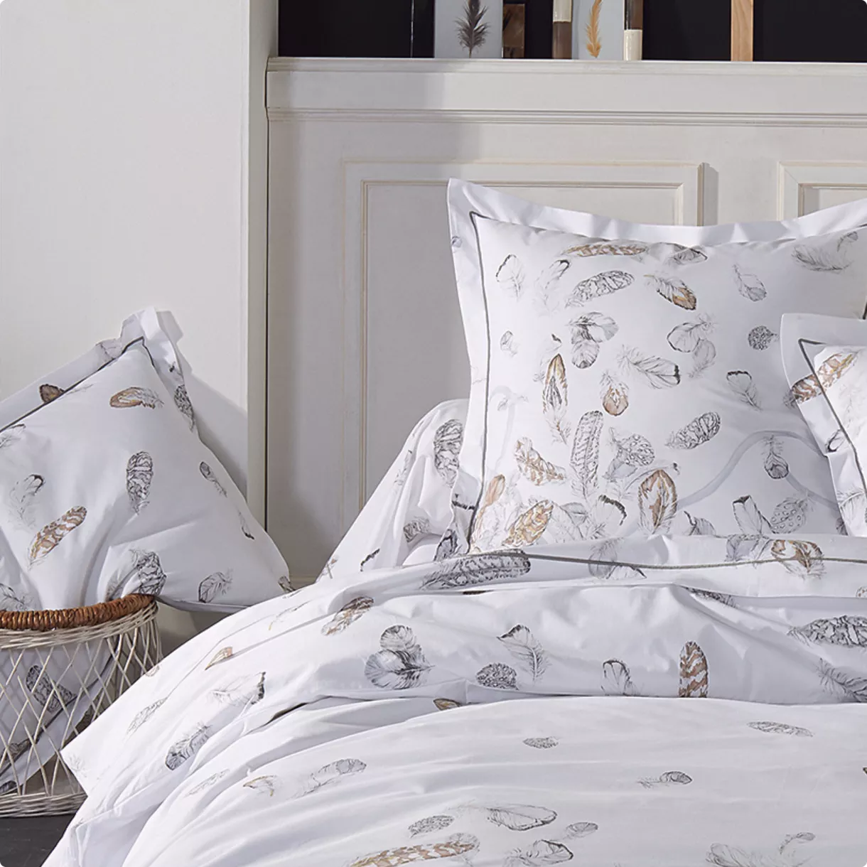 Taie de traversin percale de coton (L200 cm) Plumes Grise