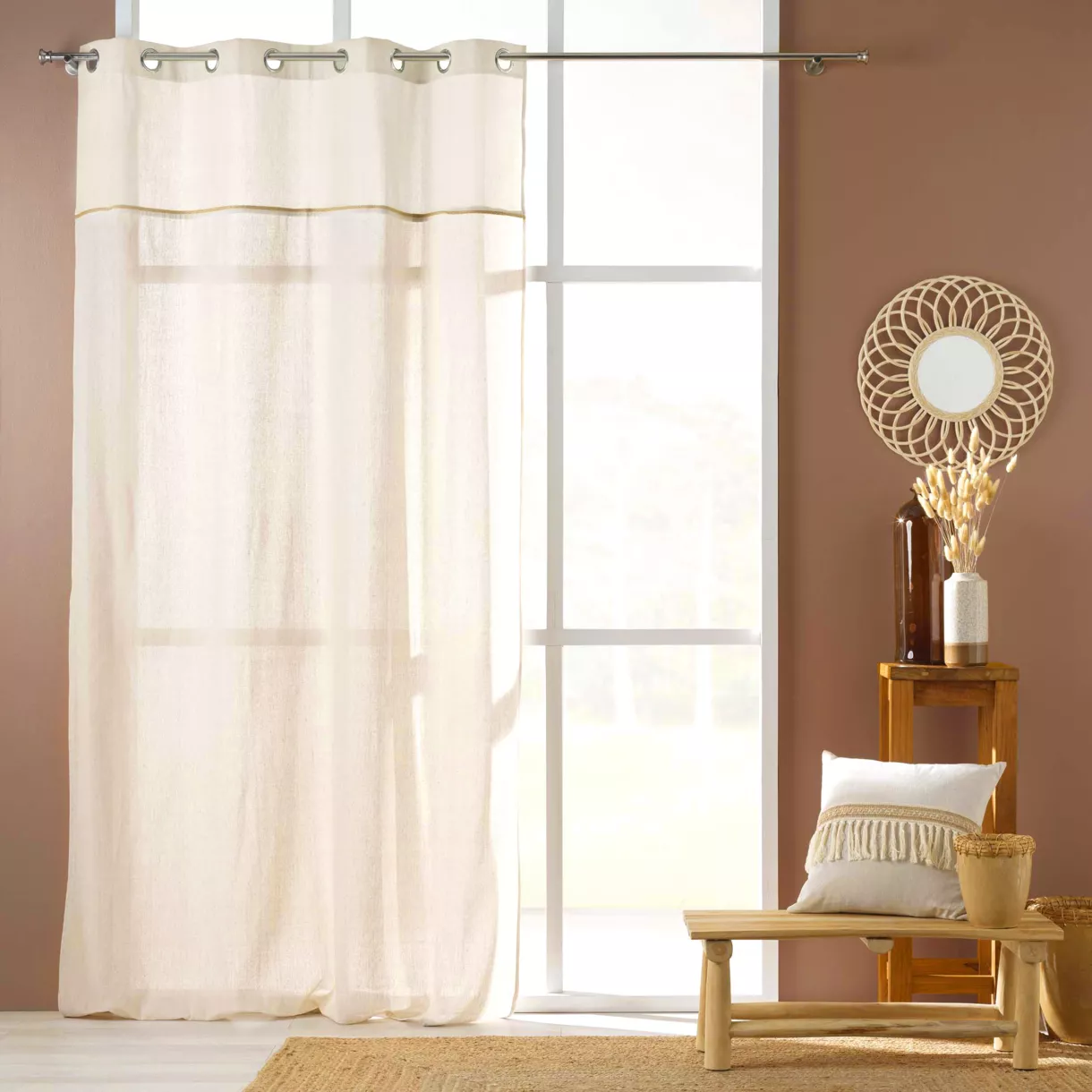 RIDEAU A OEILLETS 140 x 240 CM POLYCOTON UNI+TOP UNI+JUTE JANARA NATUREL