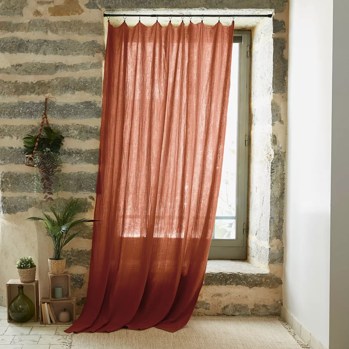 Rideau gaze de coton ajustable (140 x max 300 cm) Gaïa Terracotta