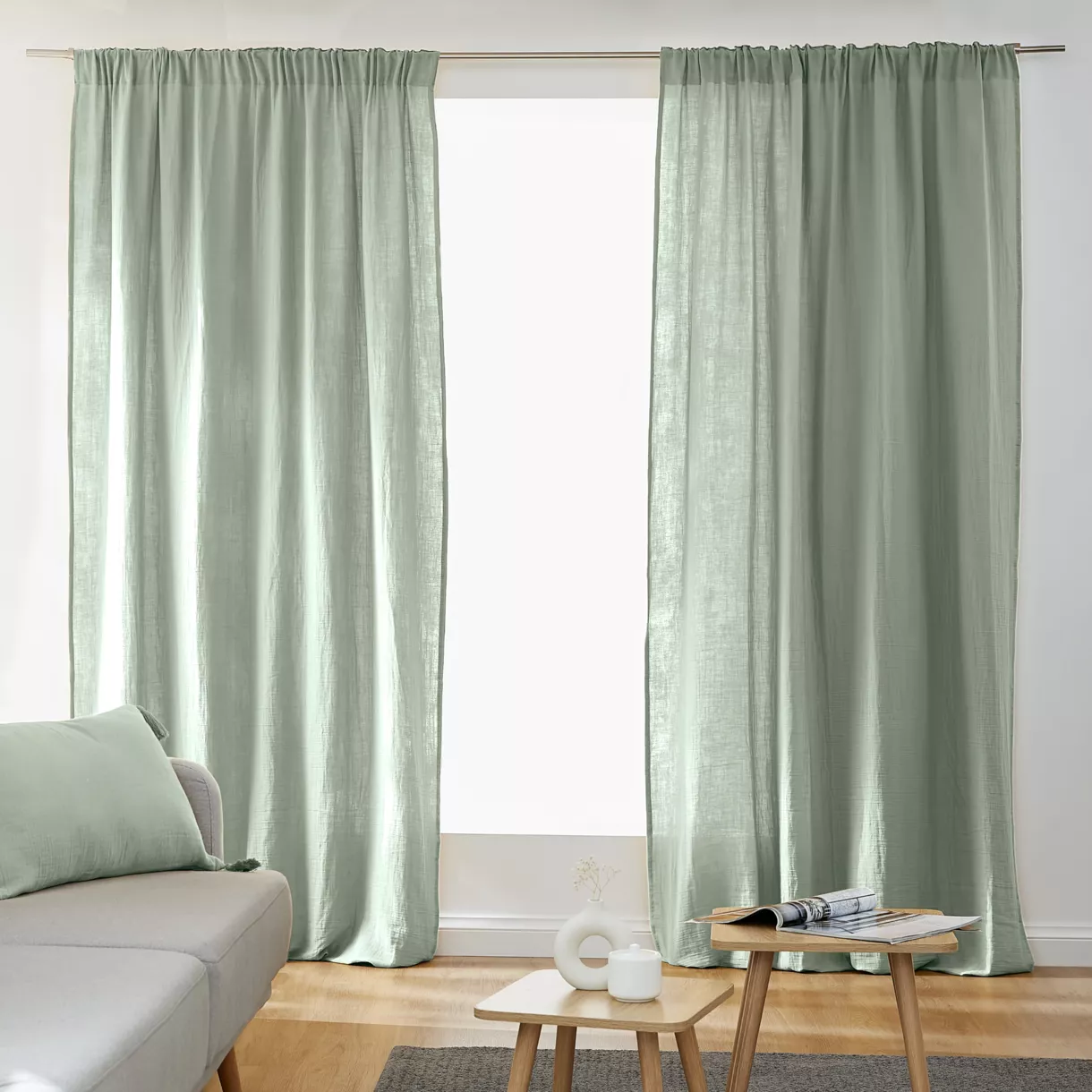 Overgordijn met gefronste band Katoengaas (140 x 240 cm) Gaïa Eucalyptus groen