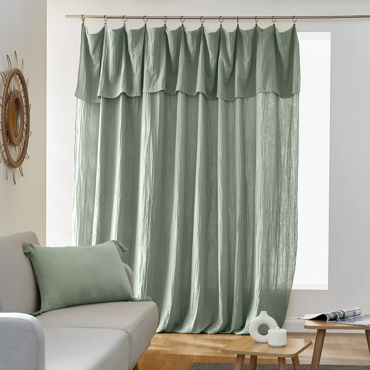 Rideau gaze de coton ajustable (280 x max 300 cm) Gaïa Vert eucalyptus