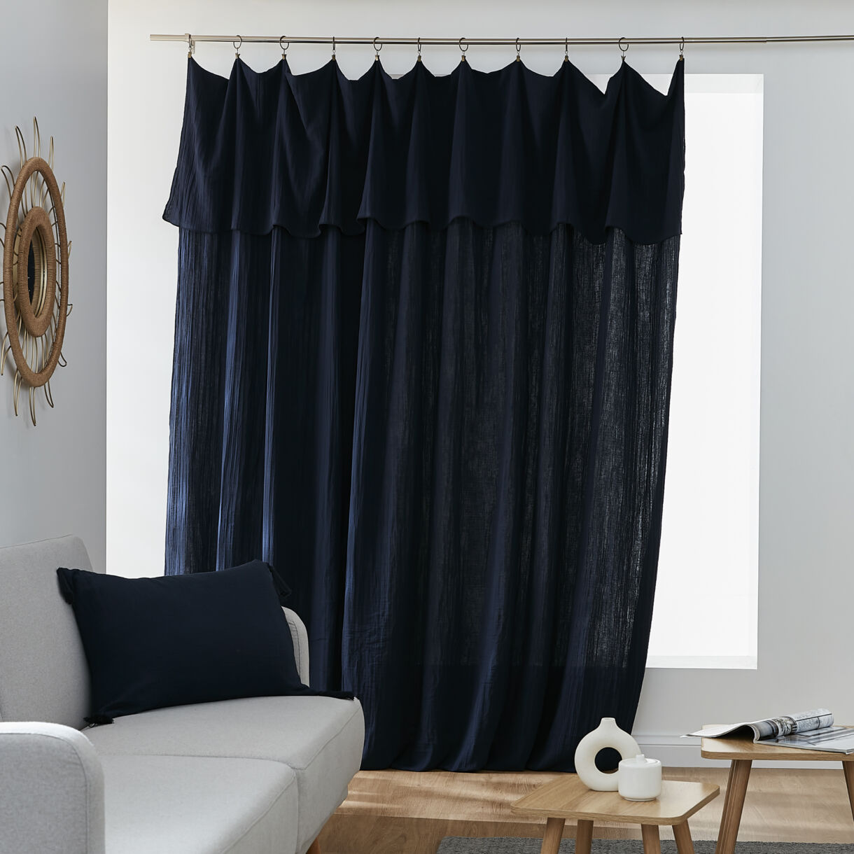 Rideau gaze de coton ajustable (280 x max 300 cm) Gaïa Bleu nuit