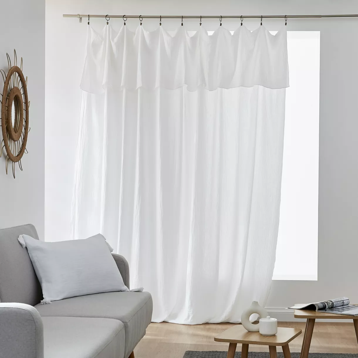 Rideau gaze de coton ajustable (280 x max 300 cm) Gaïa Blanc chantilly