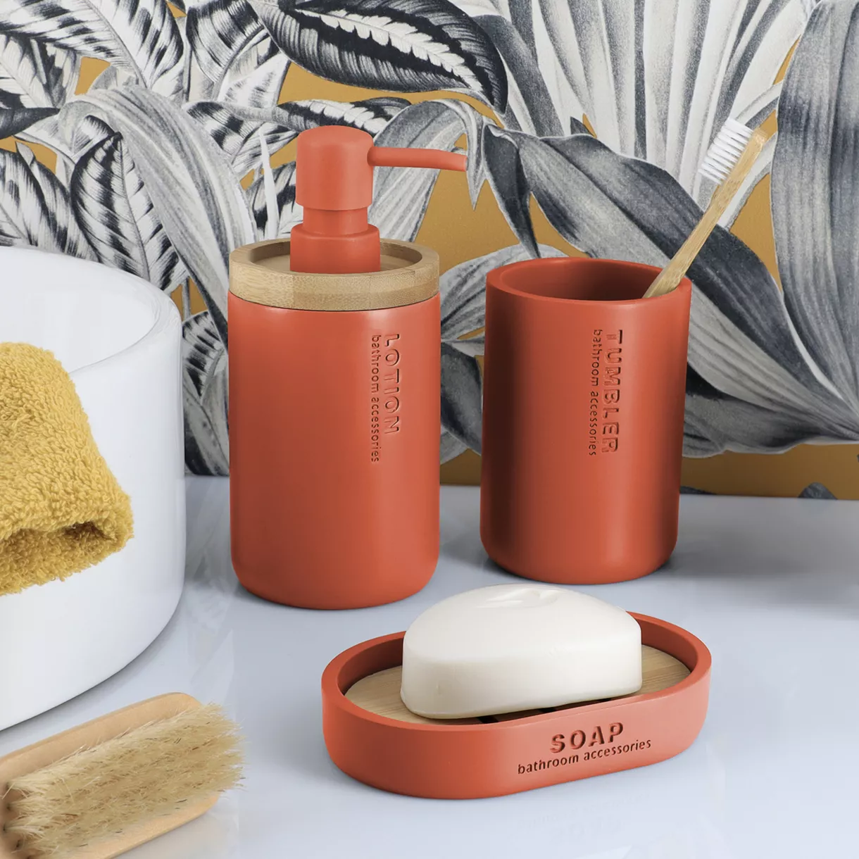 SET GOBELET DISTRIBUTEUR A SAVON ET PORTE SAVON POLYRESINE-  TERRACOTTA/BAMBOU