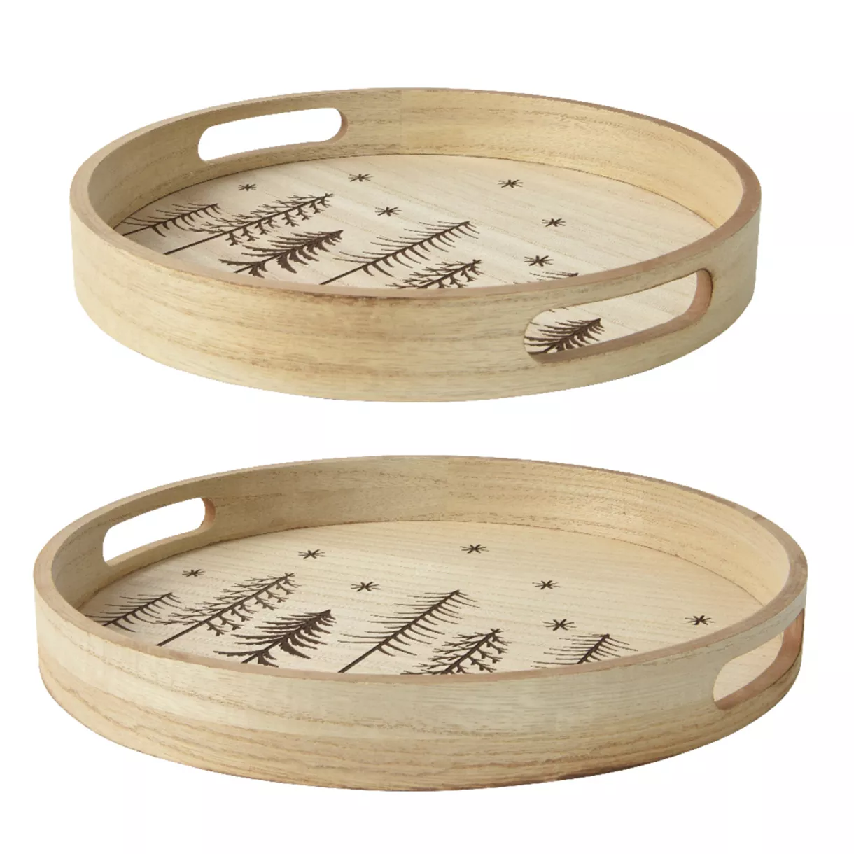 Set van 2 houten ronde dienbladen (D34-D29 cm) Kerstbomen