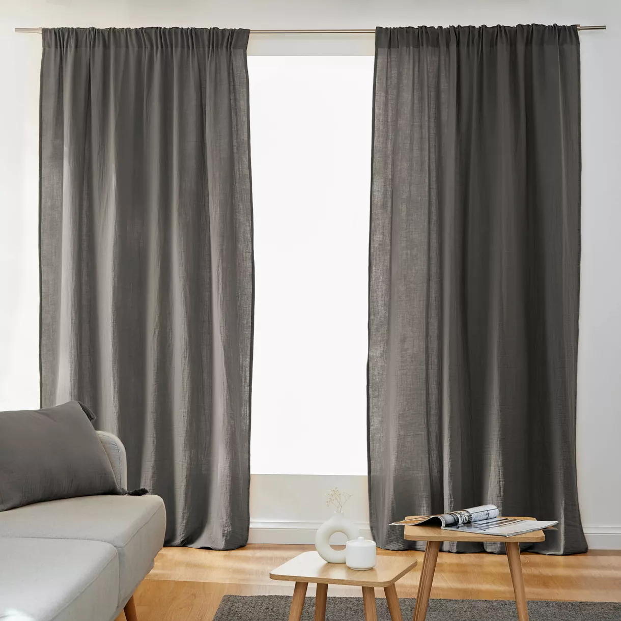 Cortina de gasa de algodón cinta fruncidora (140 x 240 cm) Gaïa Gris oscuro
