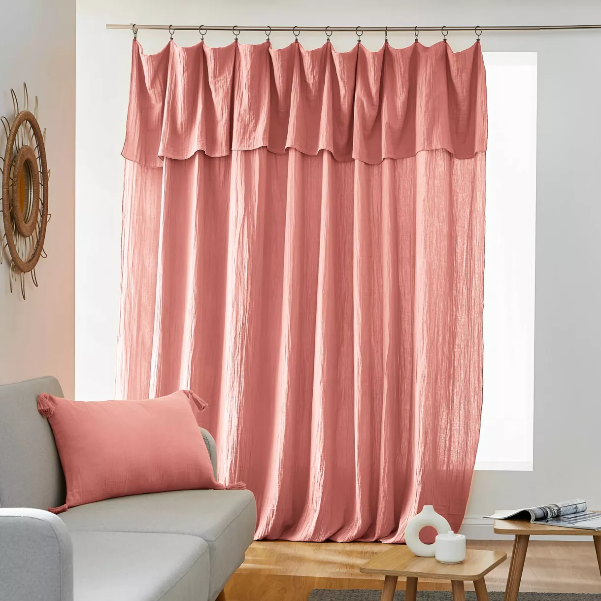 Cortina de gasa de algodón ajustable (280 x max 300 cm) Gaïa Rosa durazno