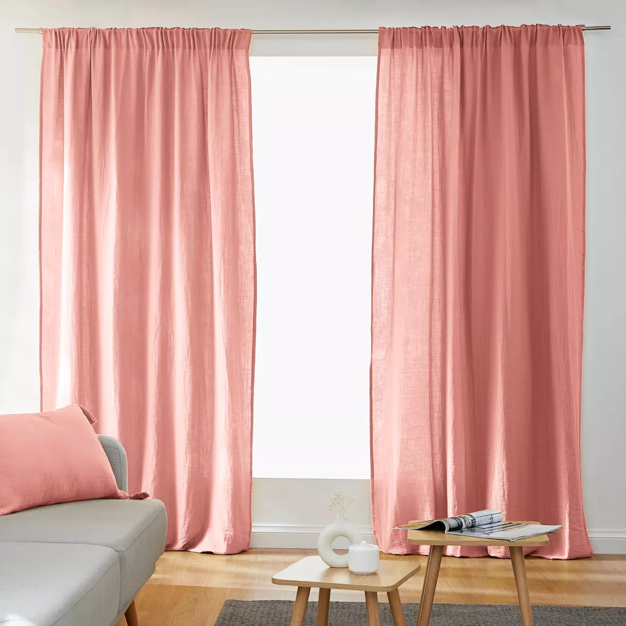 Cortina de gasa de algodón cinta fruncidora (140 x 240 cm) Gaïa Rosa durazno