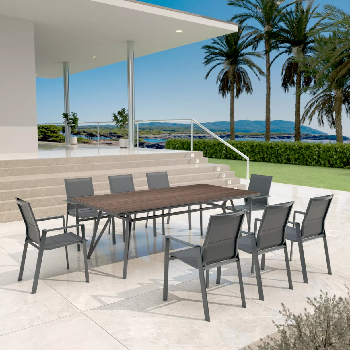 Mesa de jardín en aluminio/HPL 10 lugares (220 x 115 cm) Biarritz - Efecto madera/Gris antracita