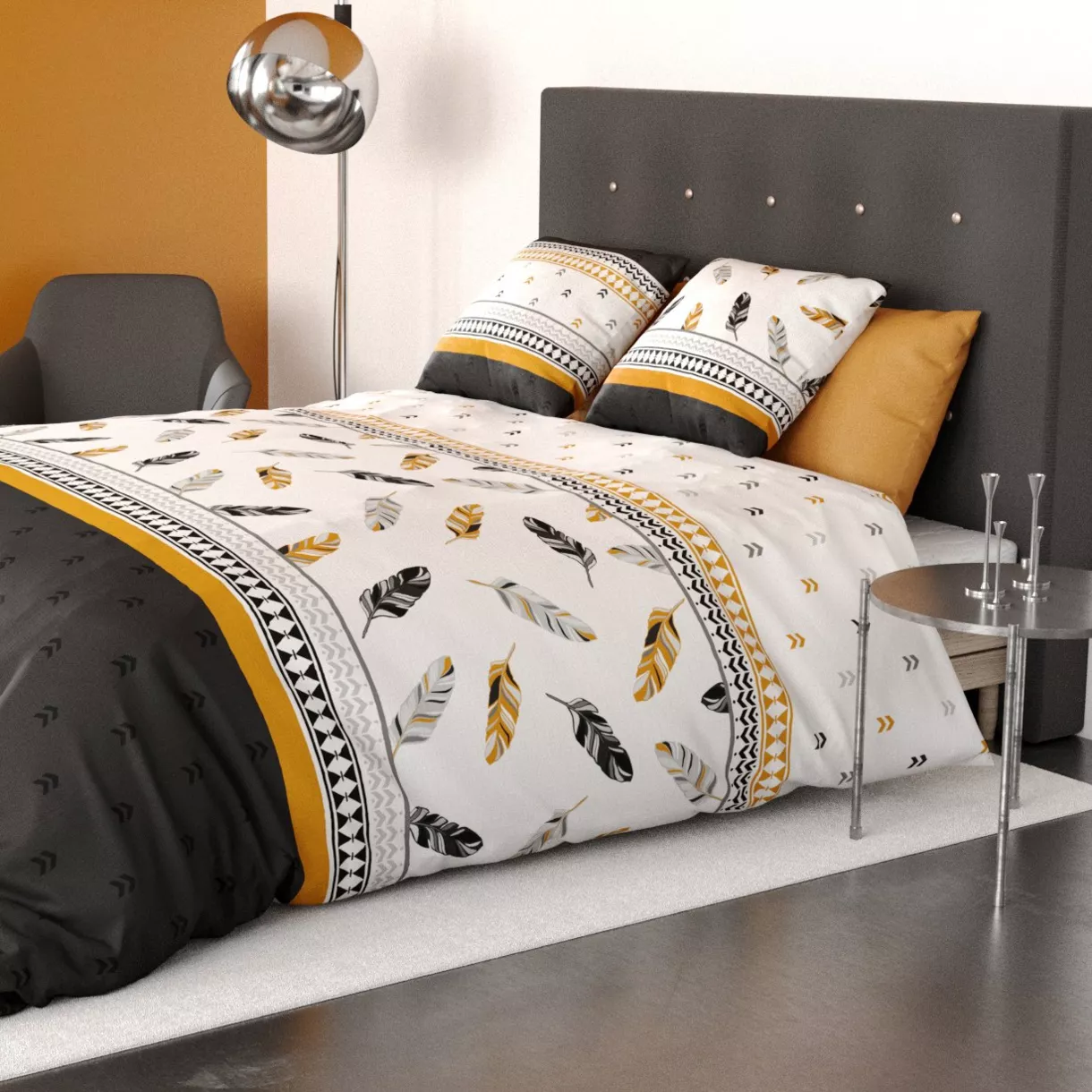 Housse de couette et deux taies coton (240 x 220 cm) Plume Jaune ocre