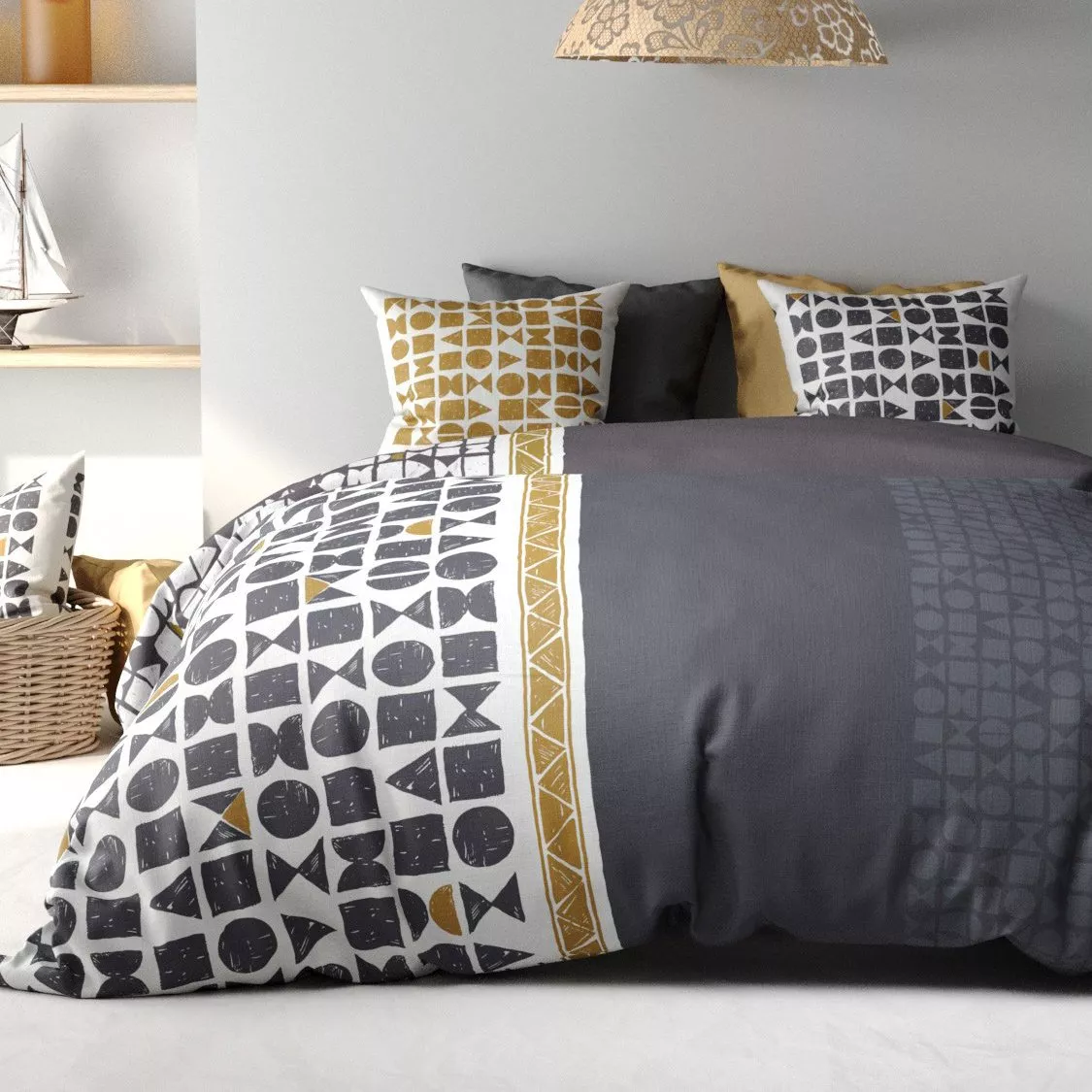 Housse de couette et deux taies coton (240 x 220 cm) Union Grise