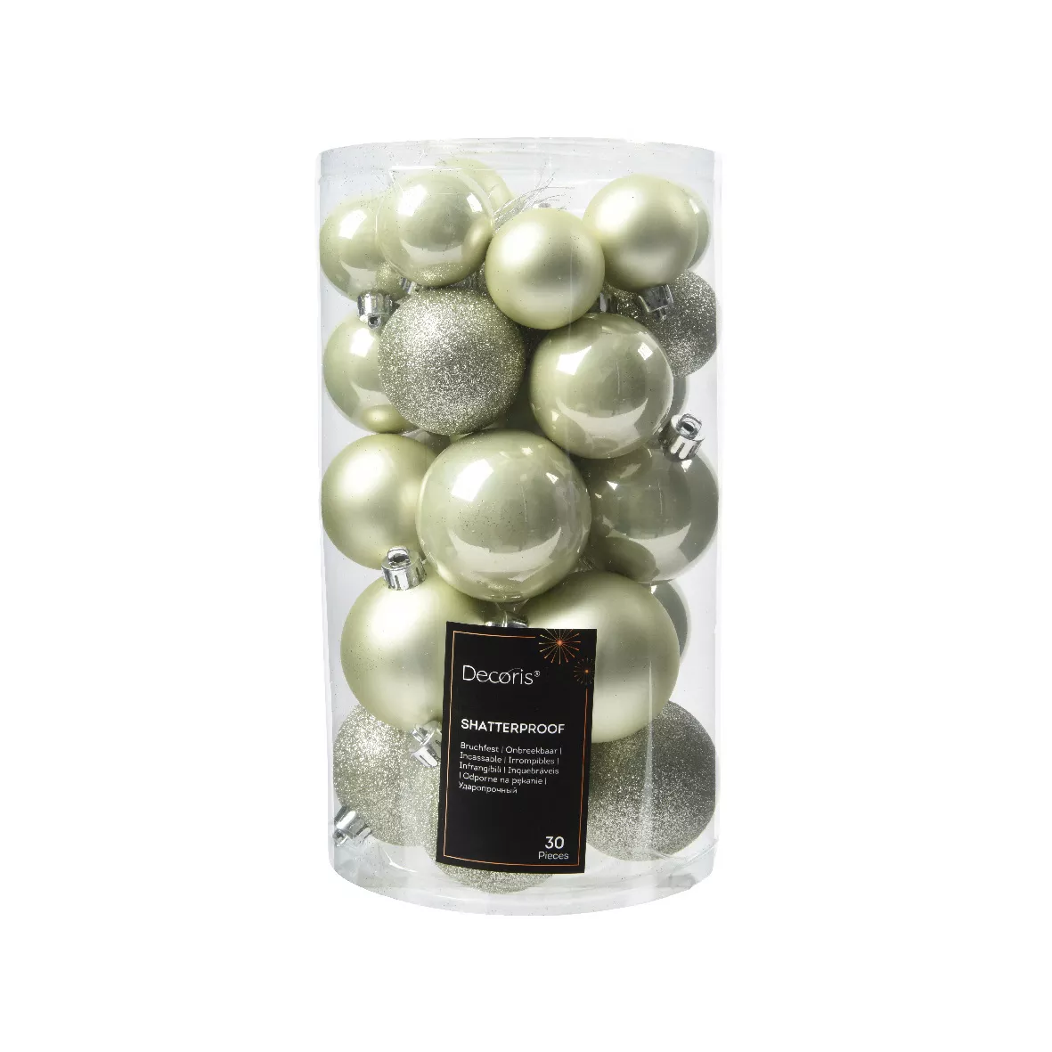 Lot de 30  Boules incassable brill- mat- paill ALPINE dia6.00cm menthe blanche