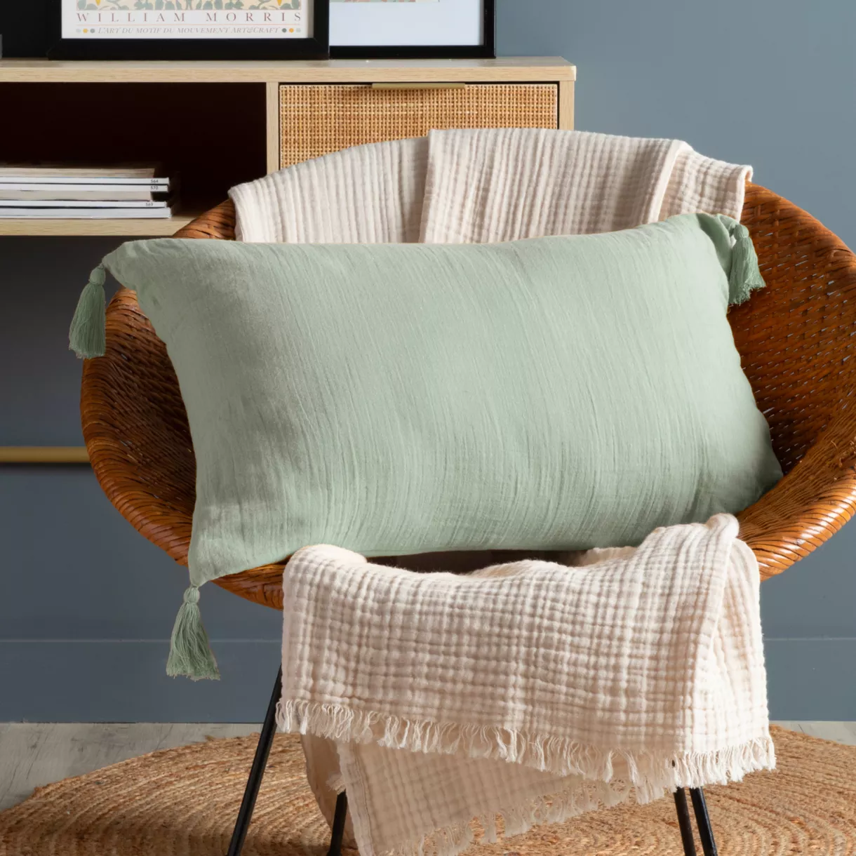 Coussin rectangulaire gaze de coton (40 x 60 cm) Gaïa Vert eucalyptus