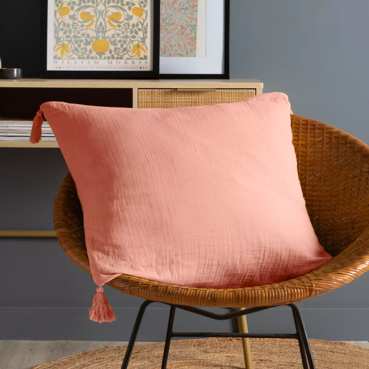 Coussin carré gaze de coton (60 x 60 cm) Gaïa Rose pêche