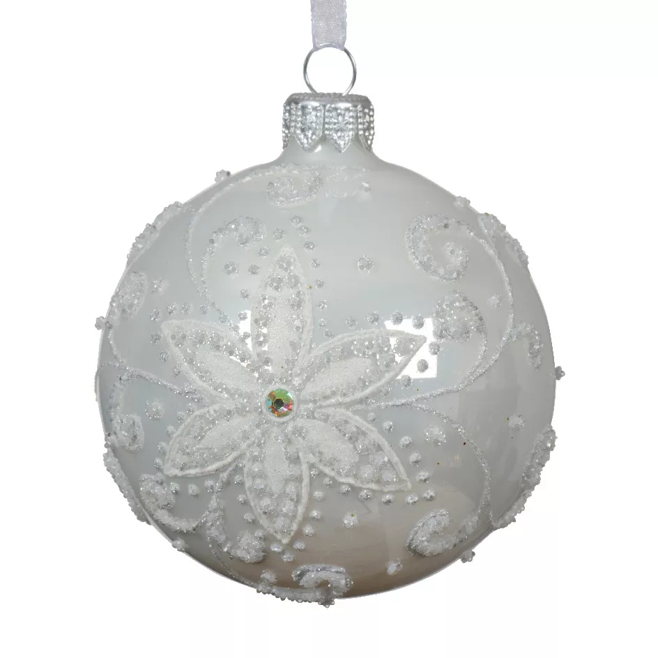 6er Set Weihnachtskugeln aus Glas (D80 mm) Porzellanblume Weiß