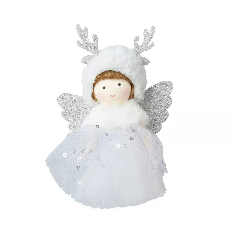 Kerstengel om op te hangen (H13 cm) Alice hertenhout Wit