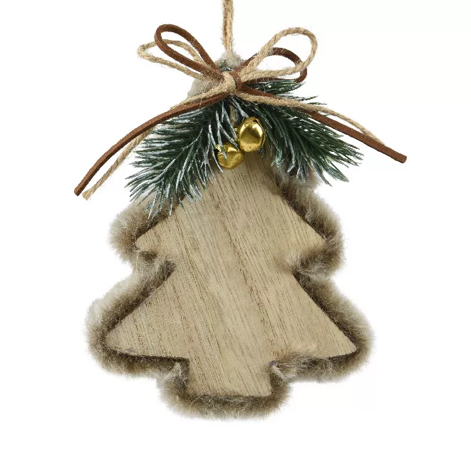 Hangende houten kerstboom (H11 cm) Gouden bel