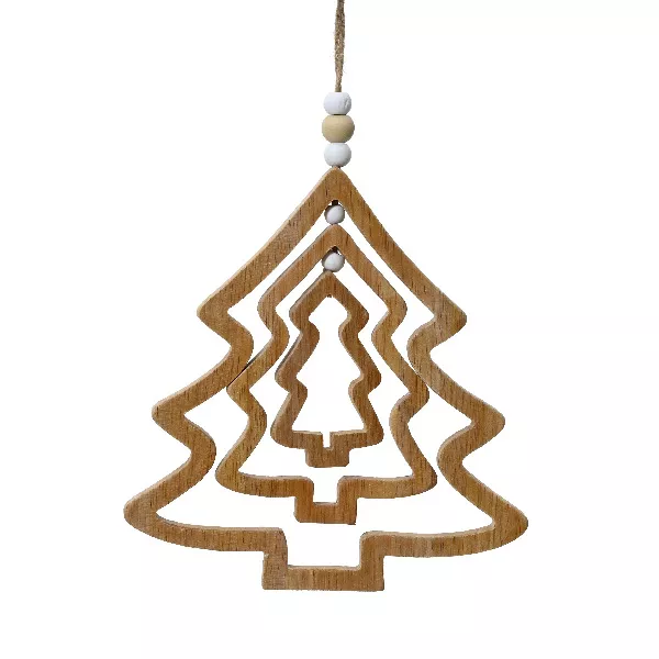 Sapin de Noël à suspendre (H13 cm) Bois et perles Nature