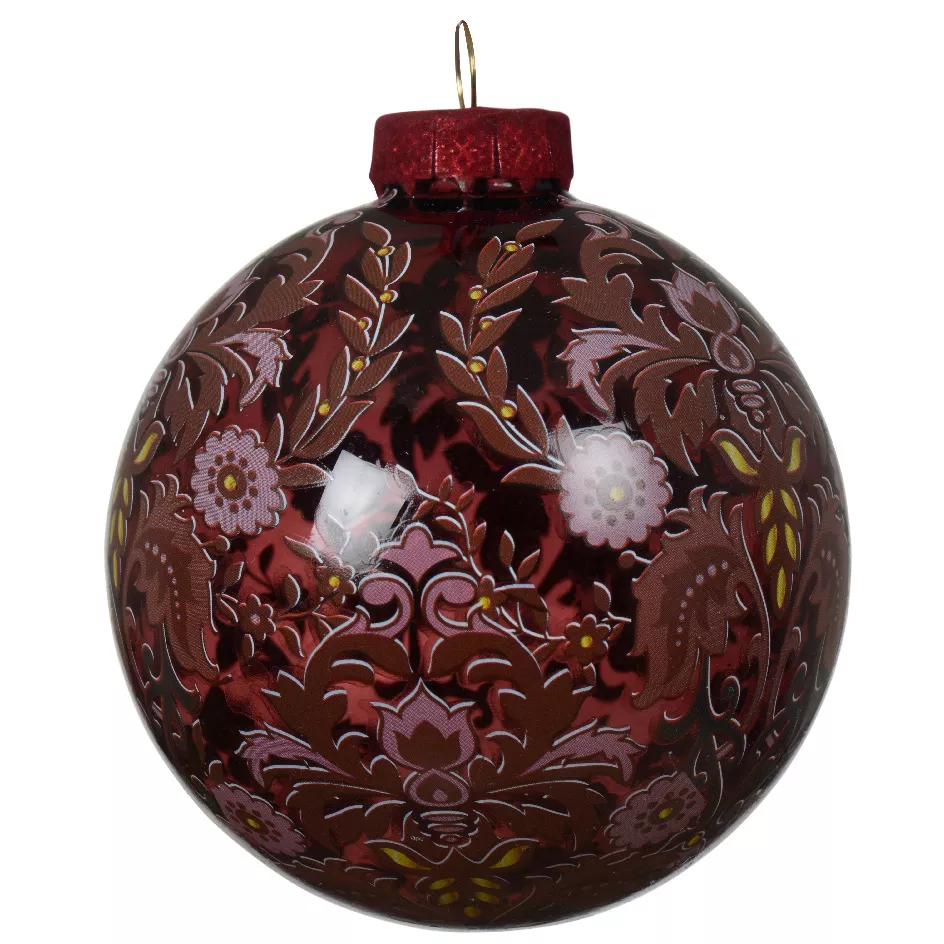 eminza Lot de 3 boules de Noël en verre (D80 mm) Flora Bordeaux