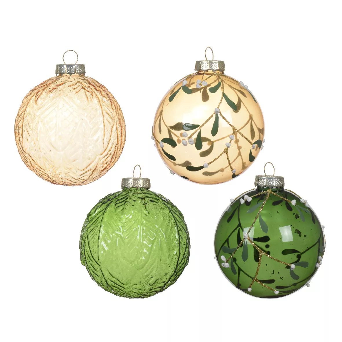 Lote de 12 bolas de Navidad de vidrio (80 mm) Skellig transparente Verde y cobre