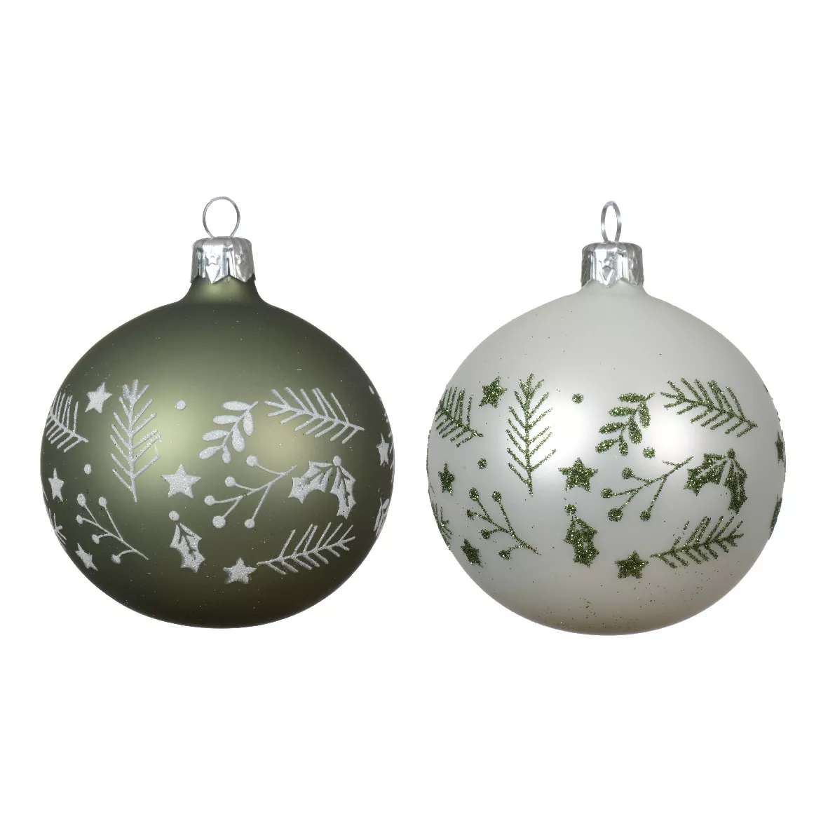 Lote de 6 bolas de Navidad de vidrio (D80 mm) Bosque Blanco y Verde romero
