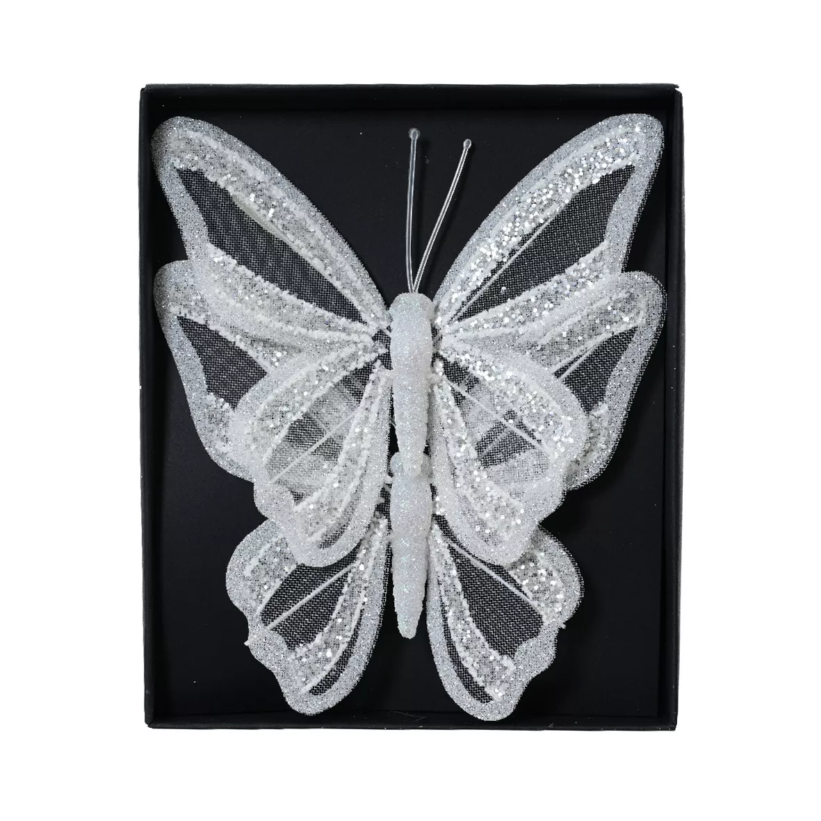 Set van 2 Vlinders op clip (H14 cm) Winterwitte Droom