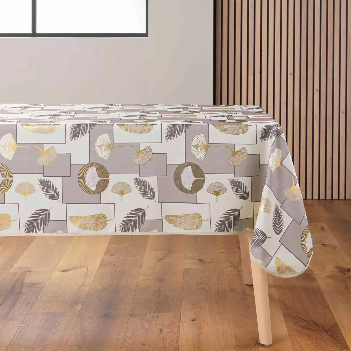 NAPPE RECTANGLE 145 x 240 CM POLYESTER IMPRIME METALLISE NATANE NATUREL