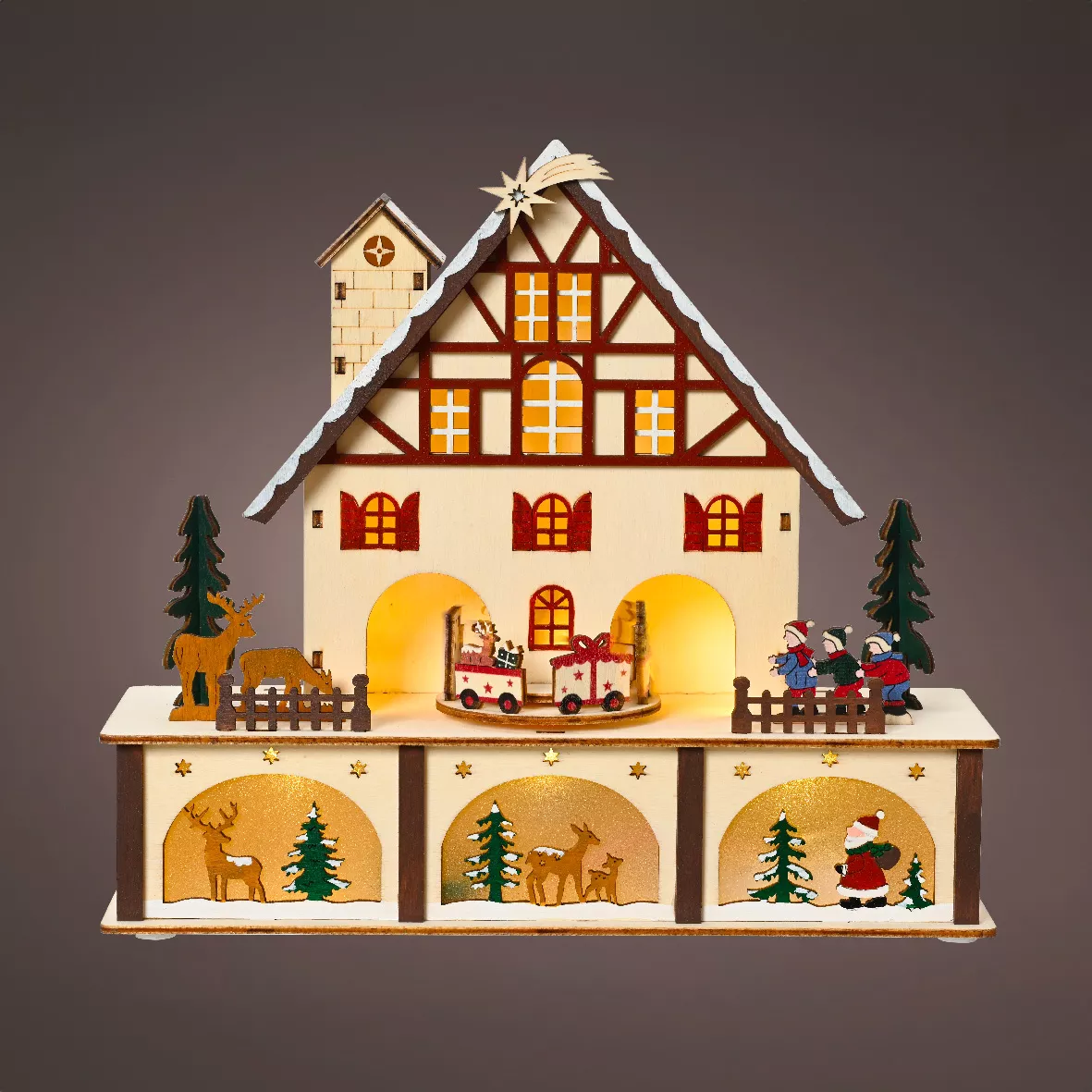 Verlicht en muzikaal houten kerstdorp op batterijen (27 x H24 cm) Kleurrijk Zwitsers Chalet