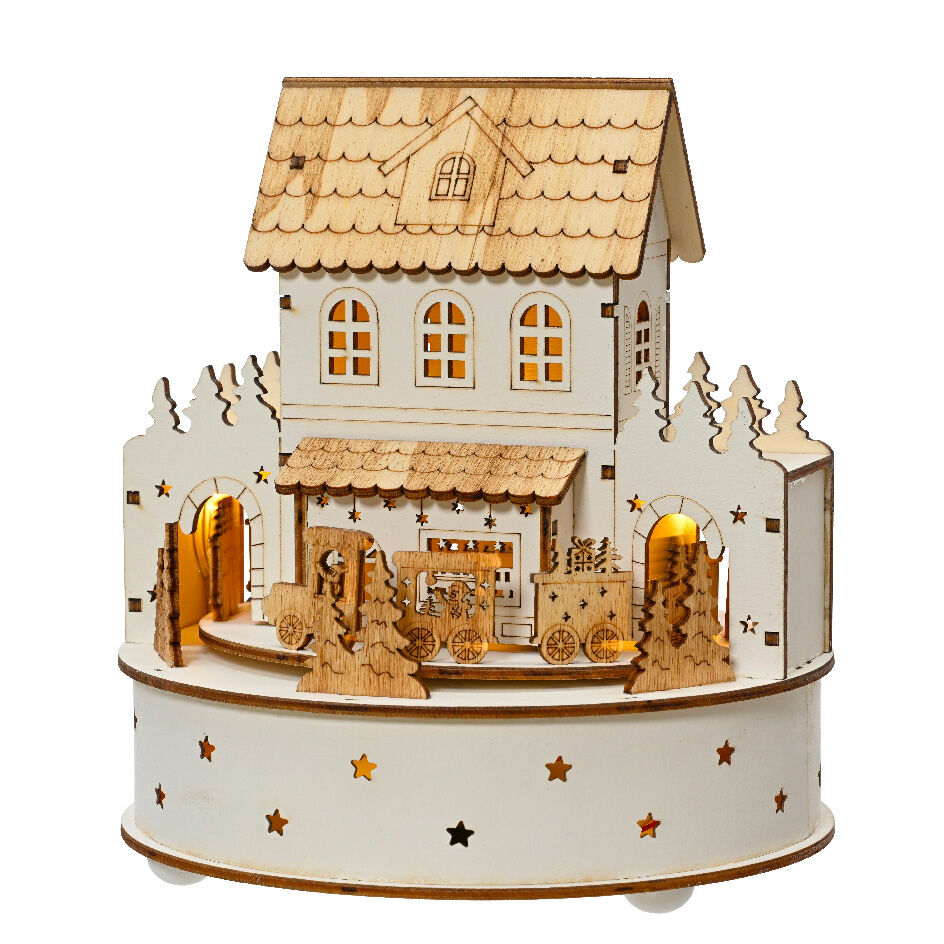 Village de Noël en bois lumineux et musical à piles (H19 cm) Maison de famille