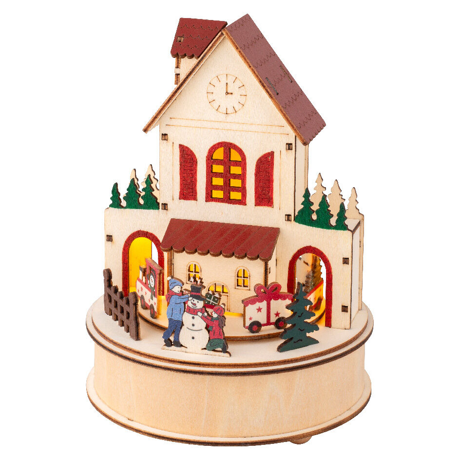 Village de Noël en bois lumineux et musical à piles (H20 cm) Maison joyeuse Colorée