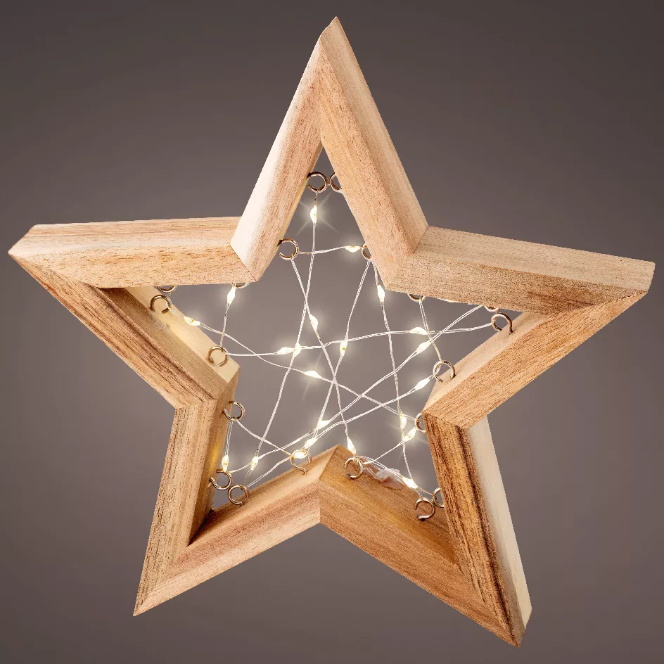 Batterij-aangedreven lichtster met 23 LED's (H24 cm) Houten hemellichaam Warm wit