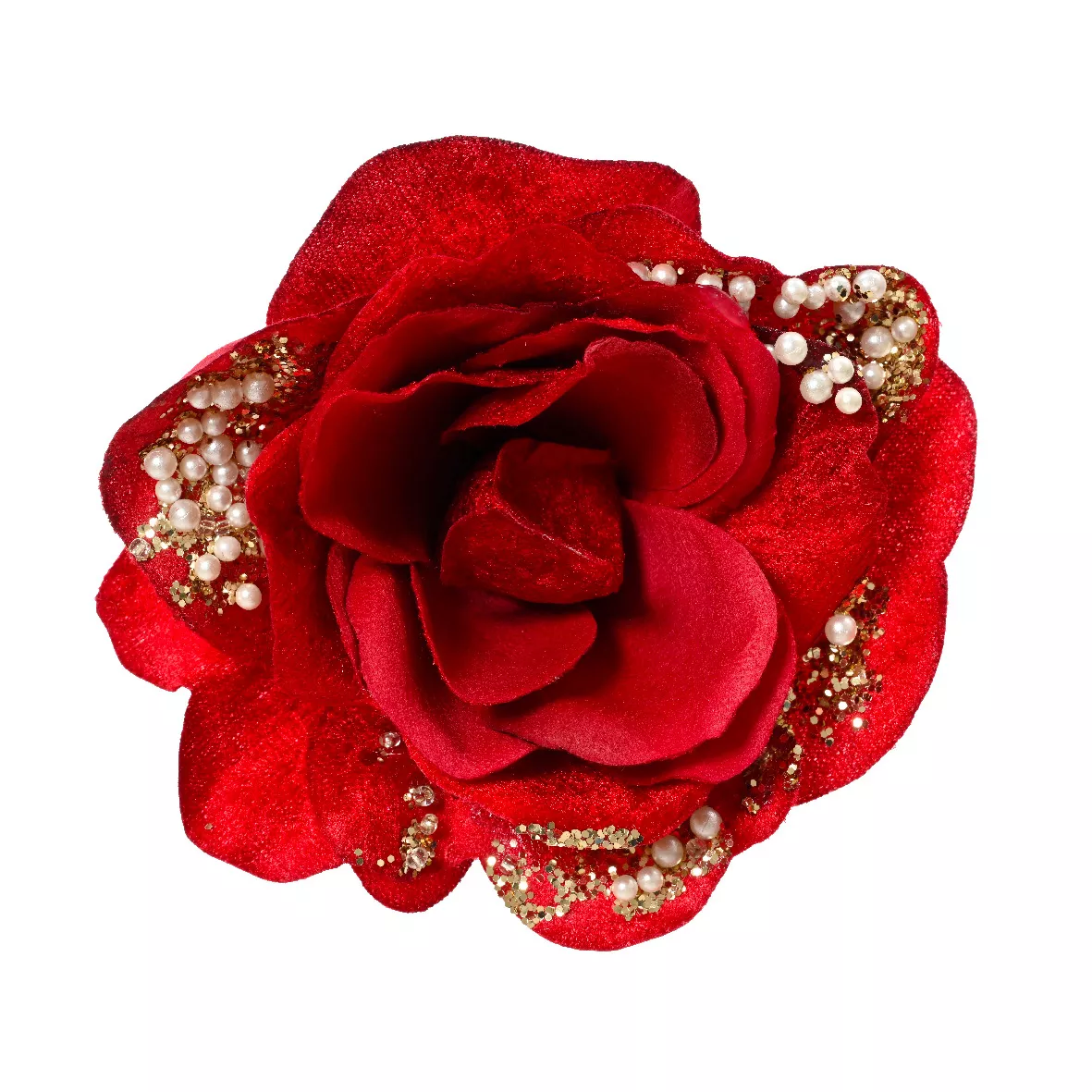 Flor decorativa en pinza (D13 cm) Rosa perlada Roja