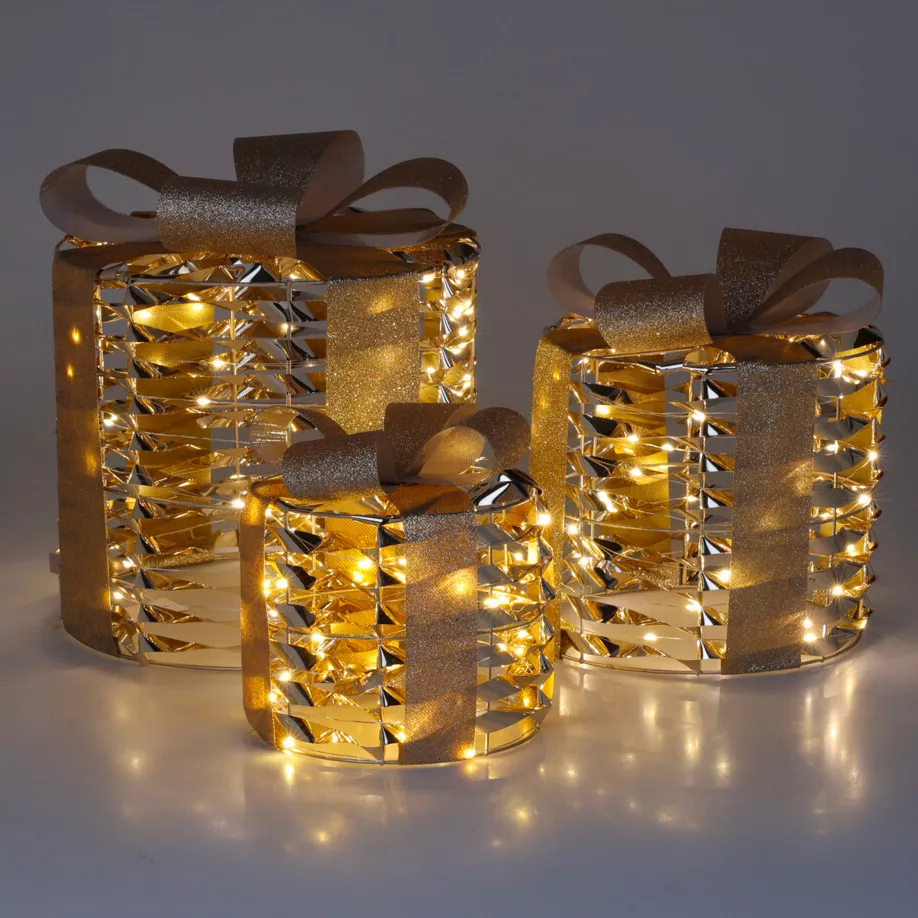 Set van 3 lichtgevende cadeaus 135 LED (H25 cm) Rond en chic Goud