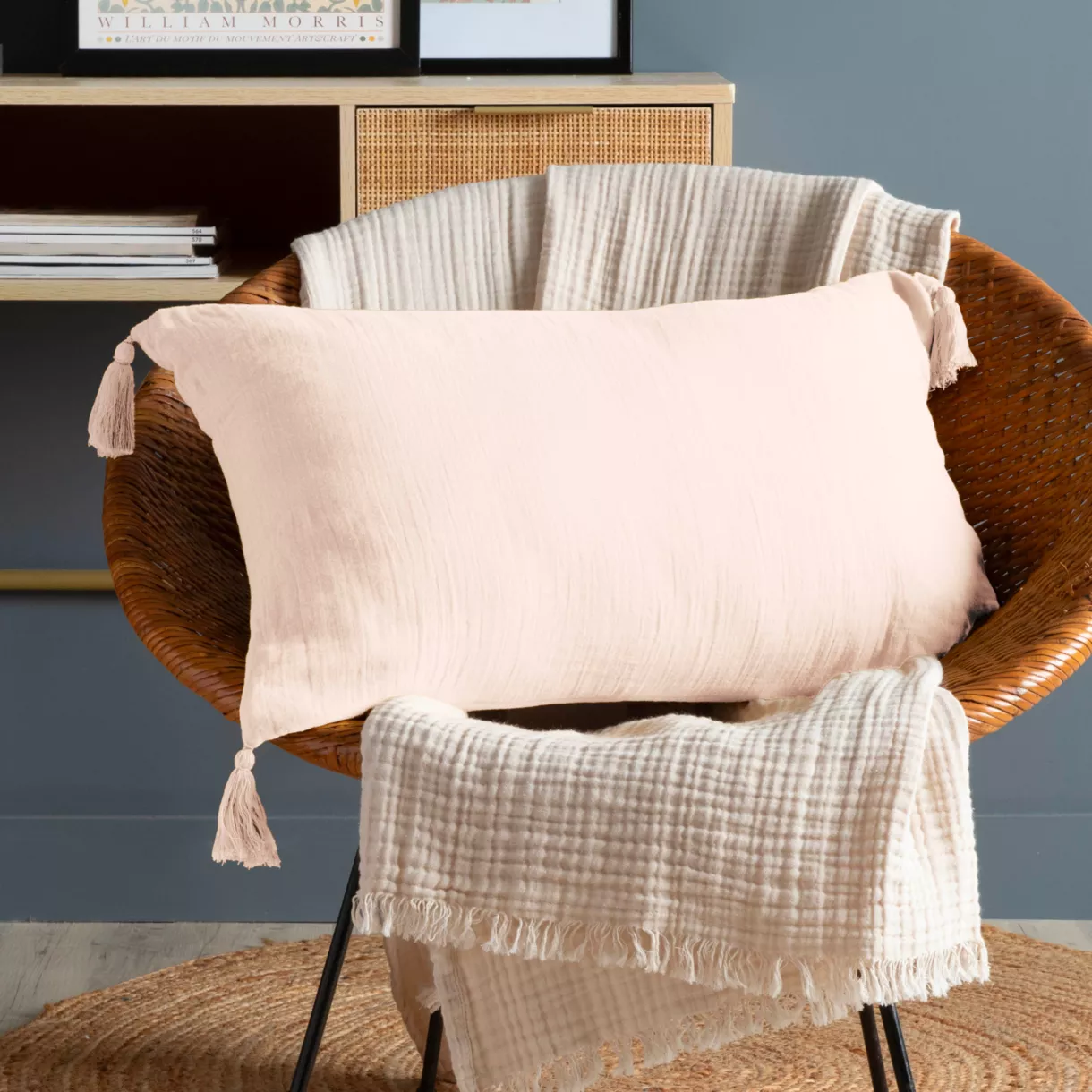 Coussin rectangulaire gaze de coton (40 x 60 cm) Gaïa Rose poudré