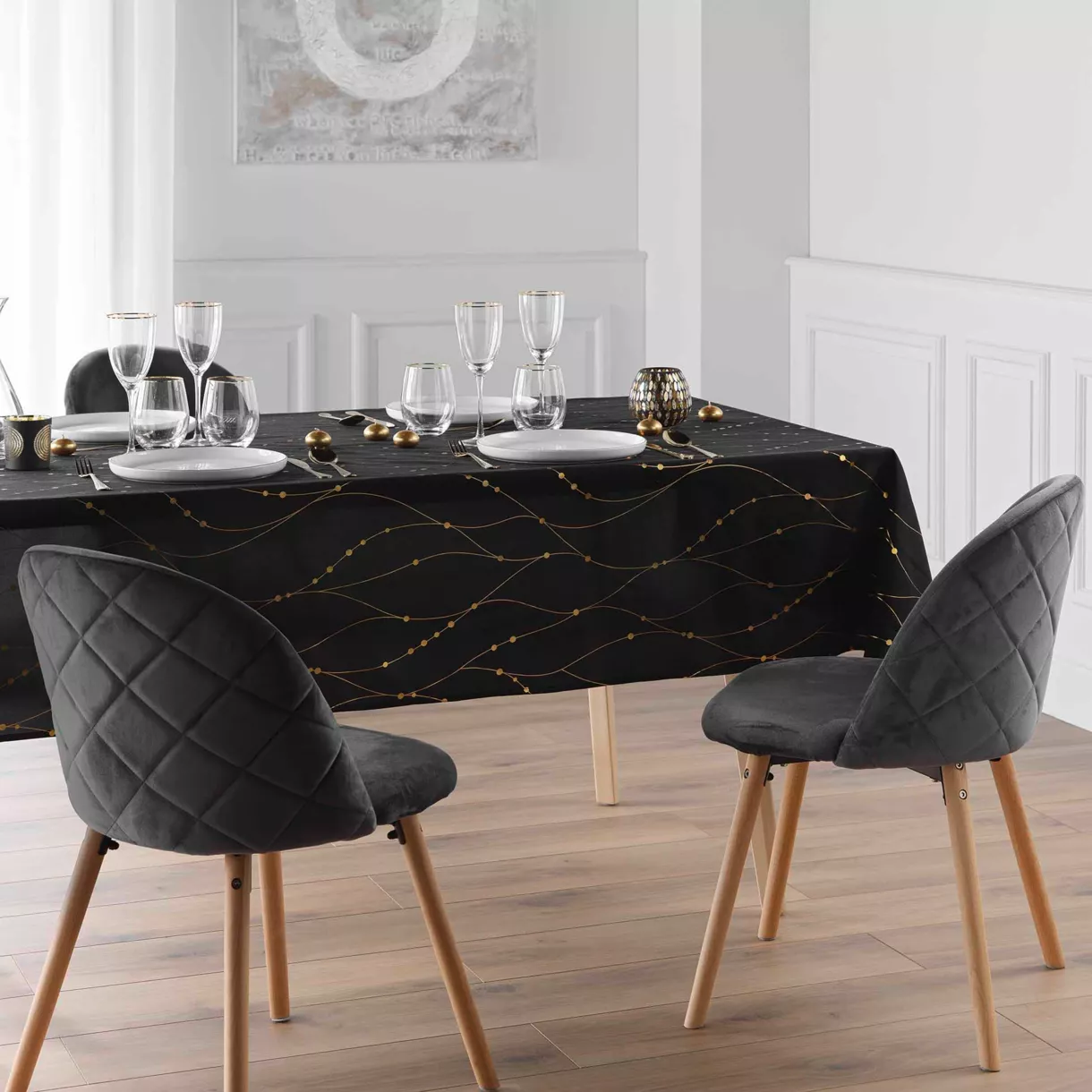 Rechthoekig Kersttafelkleed vlekbestendig (140 x 240 cm) Firmament Zwart en goud