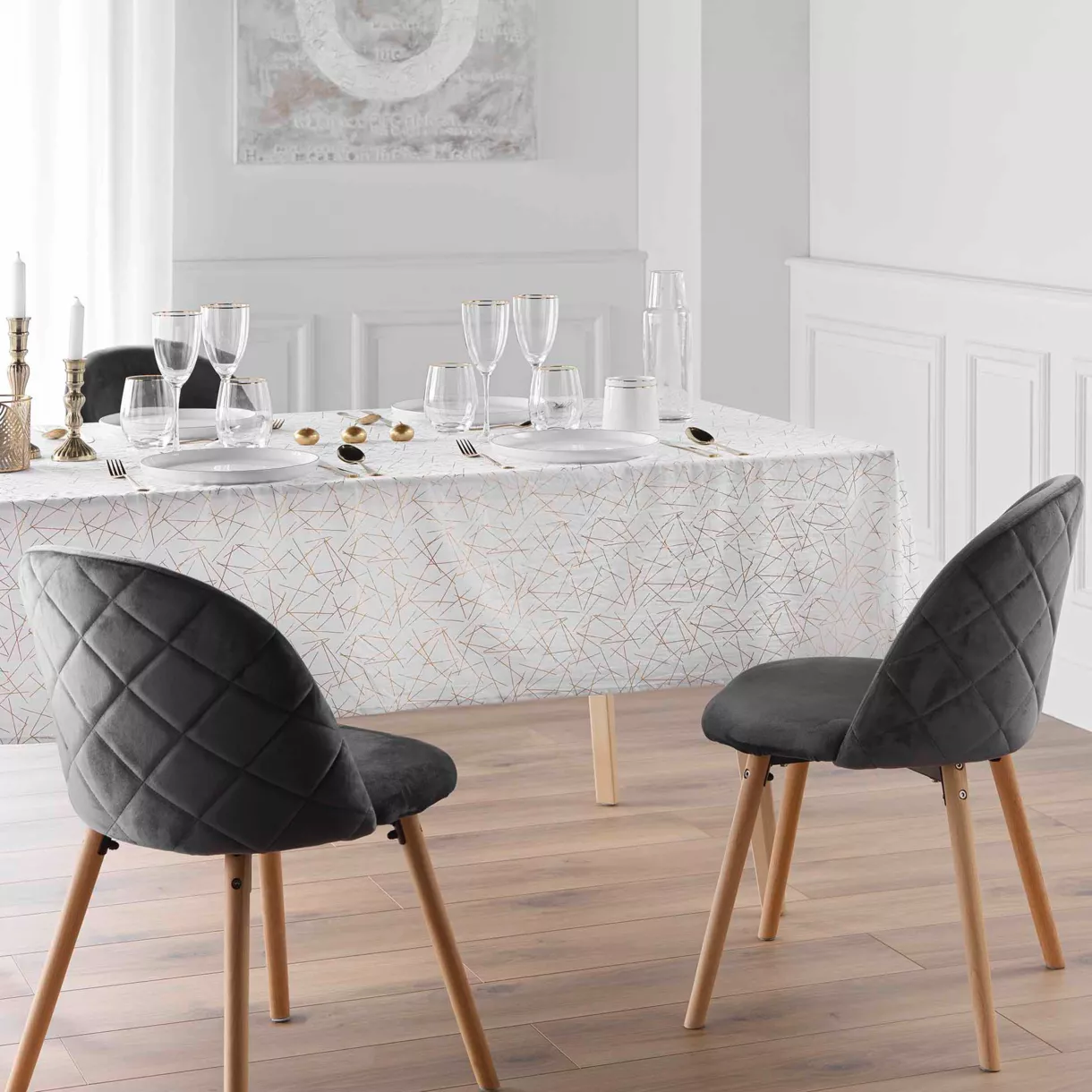 Rechteckige Tischdecke fleckenabweisend (140 x 240 cm) Mikado Weiß und Gold