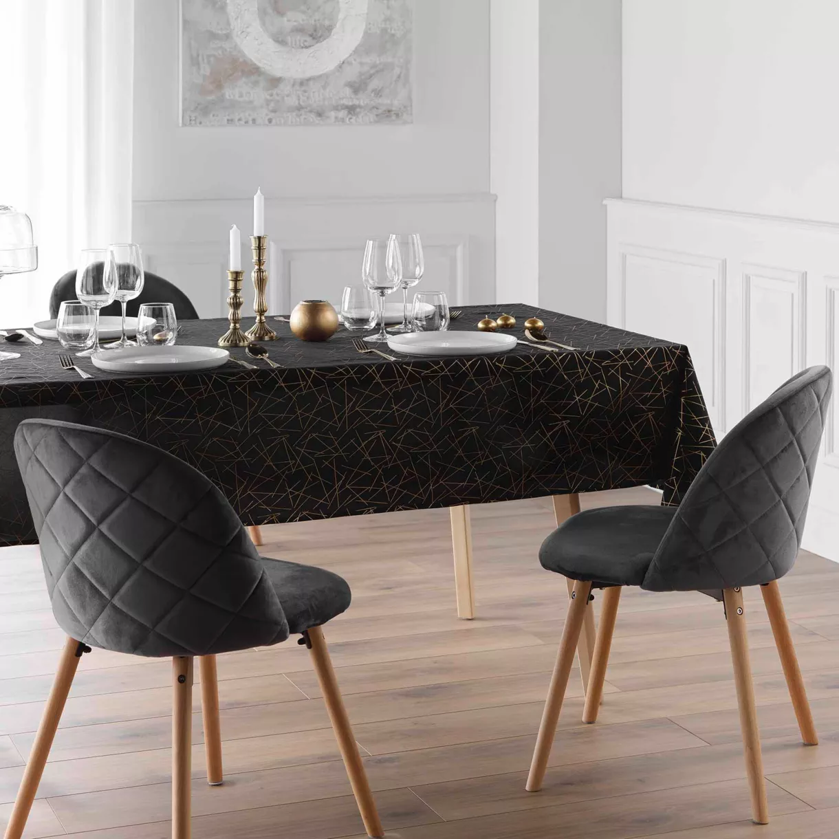 Rechteckige Tischdecke fleckenabweisend (140 x 240 cm) Mikado Schwarz und Gold