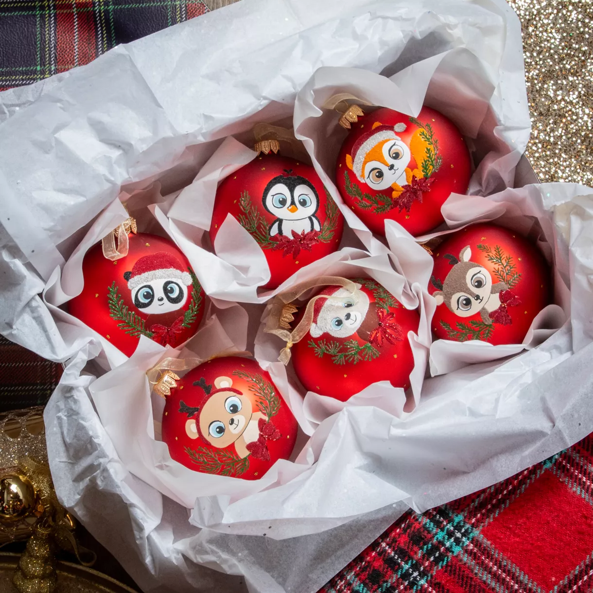 Lote de 6 bolas de Navidad de vidrio (D80 mm) Animales Ojos de cierva
