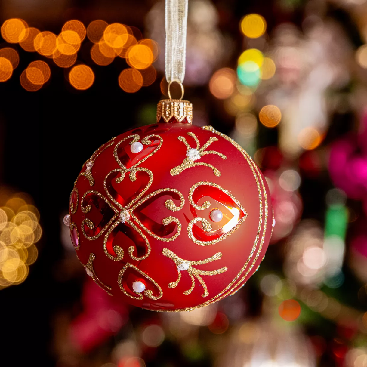 Lote de 6 bolas de Navidad de vidrio (D80 mm) Barroco Rojo