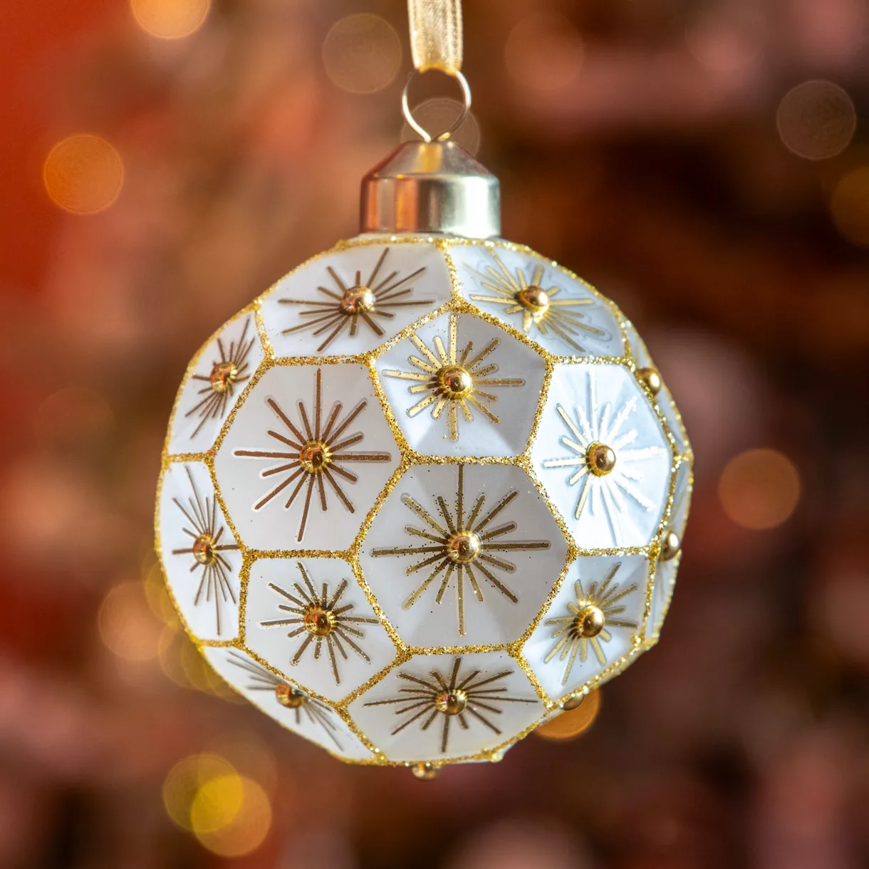 Lote de 3 bolas de Navidad de vidrio (D80 mm) Hexagonal dorado e irisado