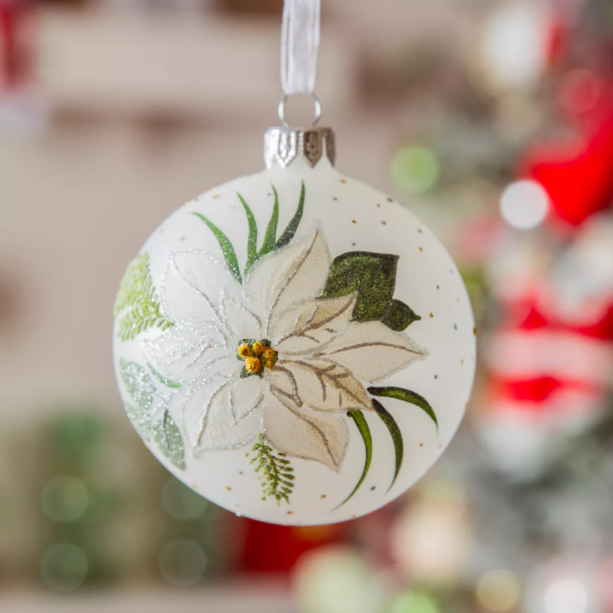 Lote de 6 bolas de Navidad de vidrio (D80 mm) Poinsettia Blanco de invierno