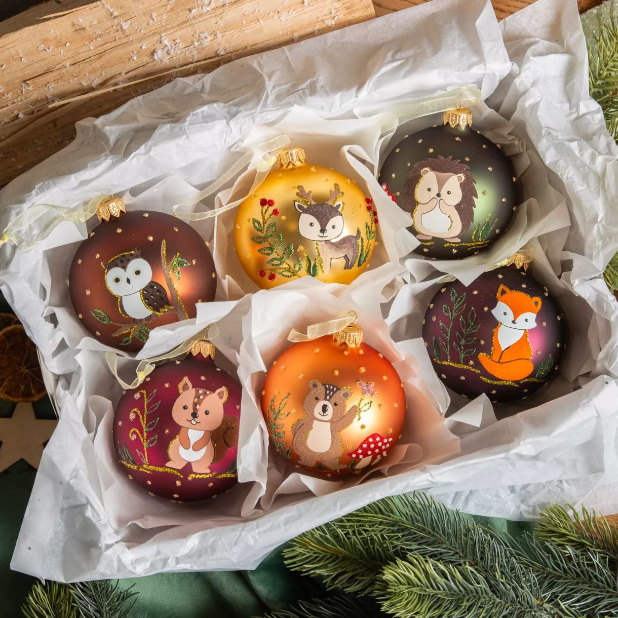 Lote de 6 bolas de Navidad de vidrio (D80 mm) Animales del bosque Multicolor